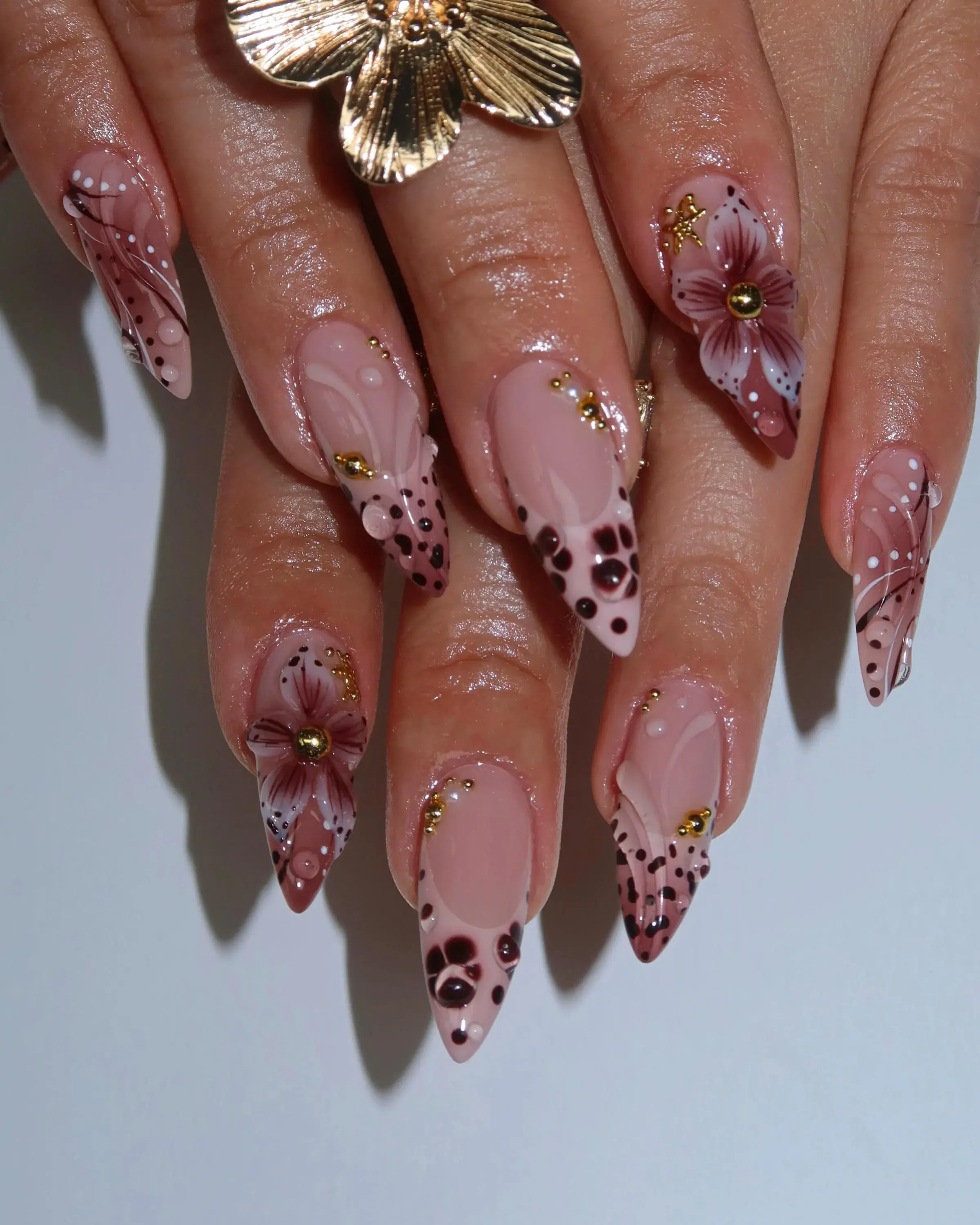 Mauve Leopard French Tip Press On Nails, 3D Water Drop Nails, Dusty Rose Leopard Fake Nails, Fairycore Mermaid Vibe
