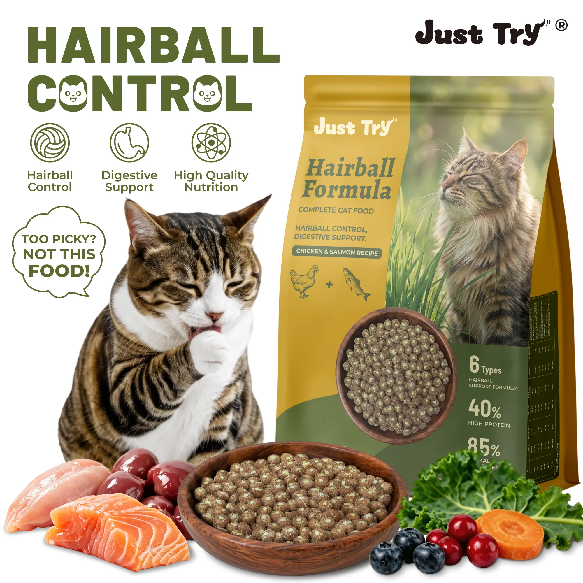 Just Try Grain-Free Dry Cat Food, 5 lb - 40% Protein from Salmon & Chicken, Hairball Aid with Cat Grass, Pumpkin, Taurine, Psyllium Husk & Cranberry, Supports Digestive Health, Dry Food
