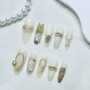 Handmade Press on Nails Kit, 10pcs/set Long Almond Transparent Nude Gold Line Art Pearl Shell Bling Glitter Glistening Iridescent Luxurious Rhinestone Decor