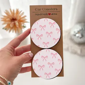 Pink Bow Desktop Coasters Set, Durable Fashionable Table Decor, Easy Clean Gift for Christmas Birthday Valentine's Day