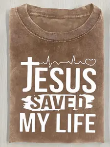 Vintage Washed Pink with an ECG Heart Pattern, It Saved My Life| Crew Neck Ribbed Collar, Religious Statement, Spiritual Wear, Regular Fit, Suitable for All Seasons, Street Style