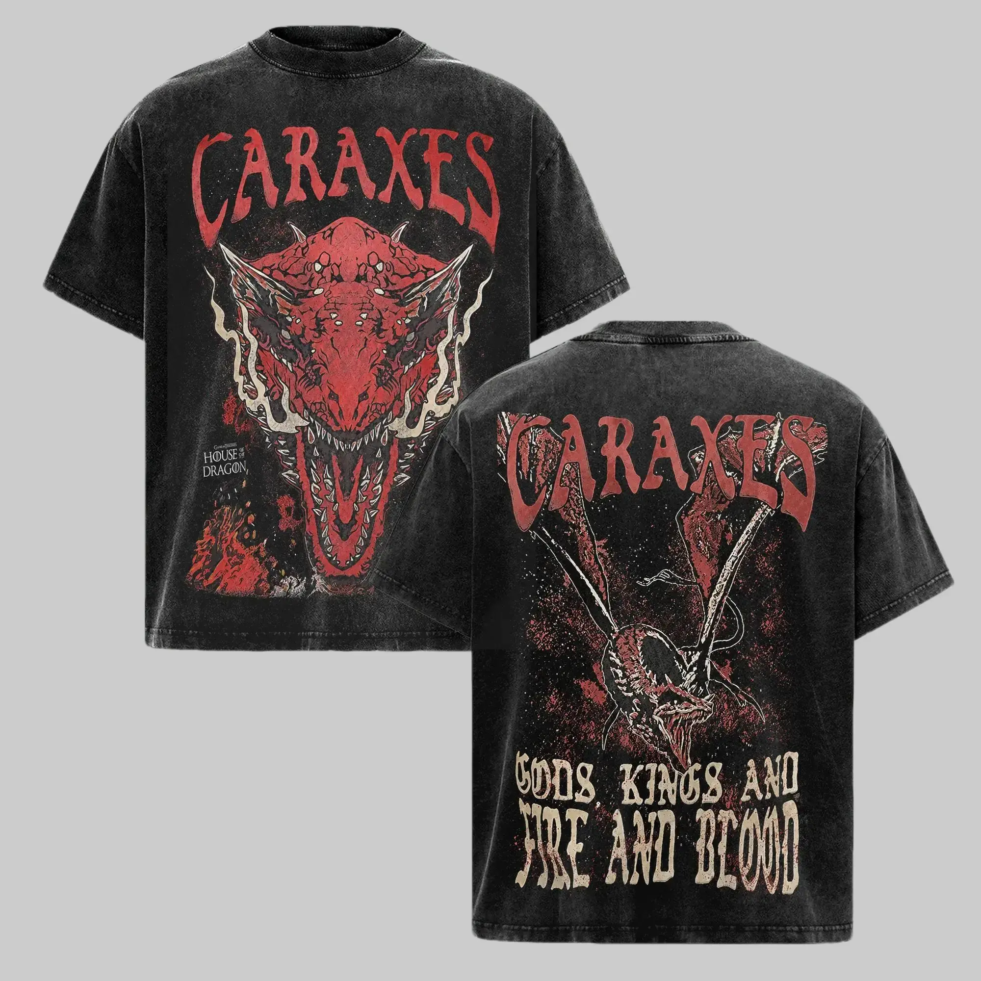 Vintage Acid Wash Caraxes Dragon Graphic T-Shirt | Gods Kings Fire and Blood Tee | Heavyweight Oversized Streetwear Top | Retro Fantasy Merch Clothing