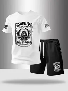 Men's Flag Design Letter Print Round Neck T-Shirt + Summer Drawstring Pocket Shorts Set, Casual Outdoor Playwear 2 Piece Outfit