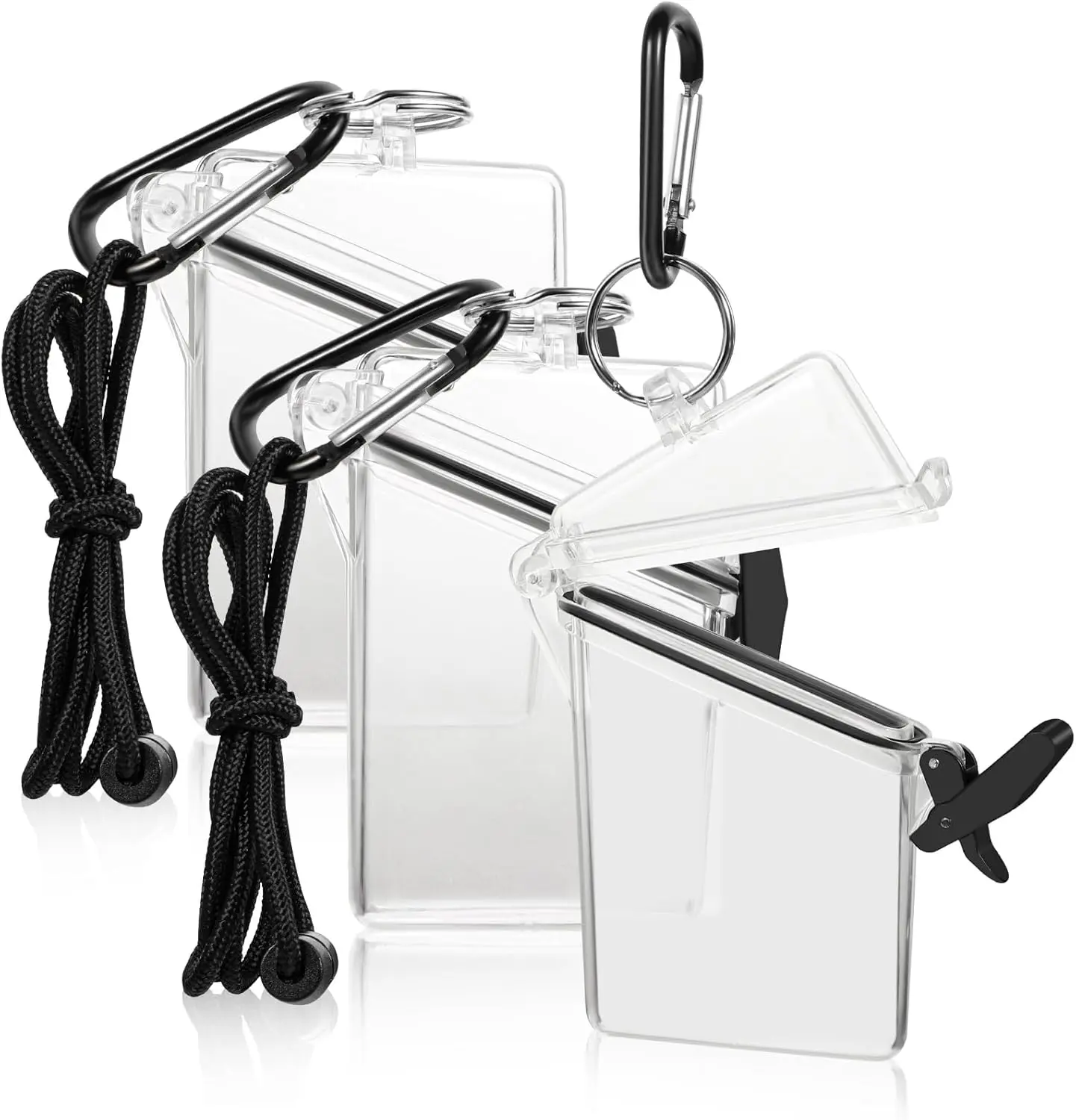 3-Pack Waterproof ID Badge Holder, Clear Vertical with Lanyard | PC hard case, O-ring seal, includes carabiner and keychain, fits ID cards, badges, cash for beach and boating