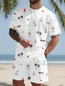 Men's Summer Simple Print Short Sleeve T-Shirt + Shorts Set, Casual Beach Vacation Hawaiian Tropical Style, Knee Length, Fitted, Short Sleeve