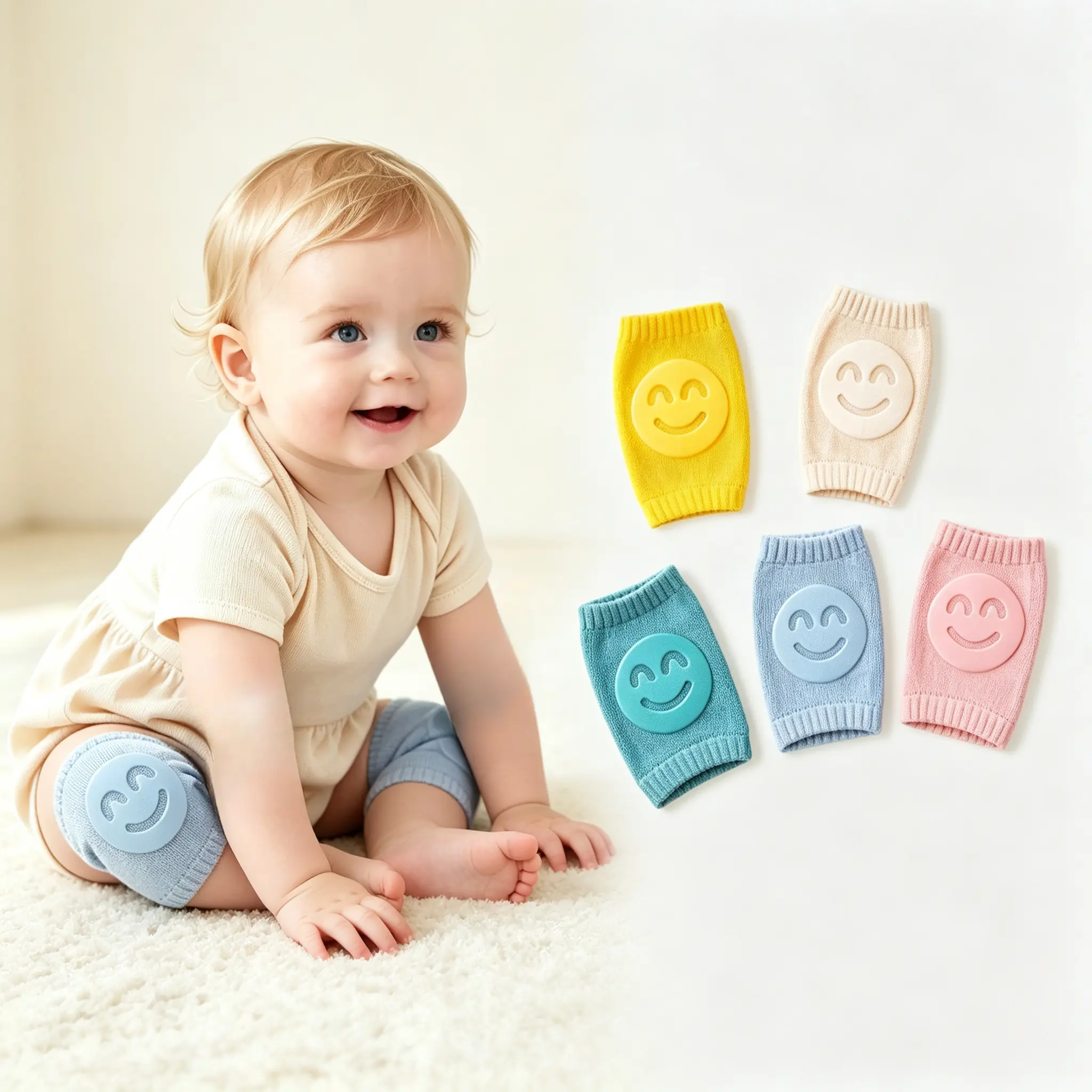 4/8 Pairs Baby Knee Pads for Crawling & Walking, Soft Breathable Protective Knee Sleeves with Cute Smiley Design for 0-3 Years