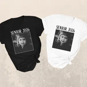 Custom senior 2026 graduation shirt with personalized childhood photo, soft cotton t-shirt for graduating students, vintage style class of 2026 tshirt to celebrate school milestones, breathable holiday tee for family and friends.