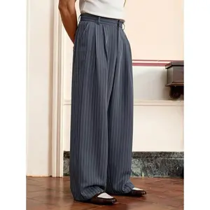 Men's Woven Casual Loose Fit Striped Pale Blue-Gray Straight Leg Pants Polyester Fabric