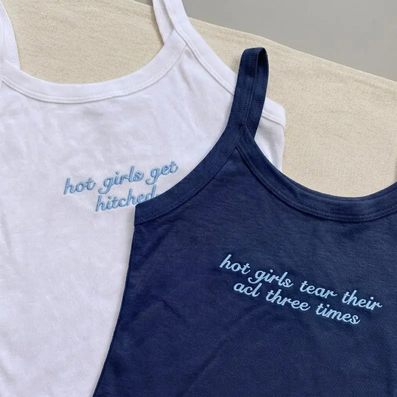 (Leave a note) Custom Hot Girls Get Hitched Embroidered Tank Top, Bachelorette Party Shirt, Custom Bridal Weekend Outfit, Bride Squad Gift