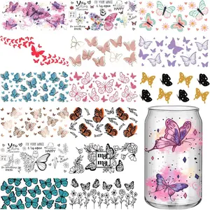 15 Sheets Butterfly UV Dtf Cup Wrap Transfer Sticker Glass Stickers for Cups Waterproof Rub on Transfers Mug Stickers Decals for Crafting DIY Customizable Stickers