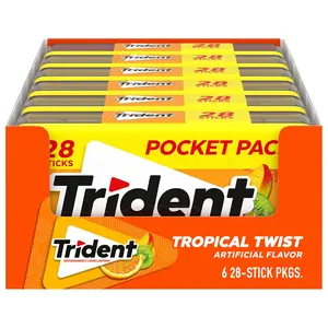 Trident Tropical Twist Sugar Free Gum 6 Pocket Packs of 28 Pieces (168 Total Pieces) with Xylitol - Refreshing Tropical Flavor in Hard Case - Natural