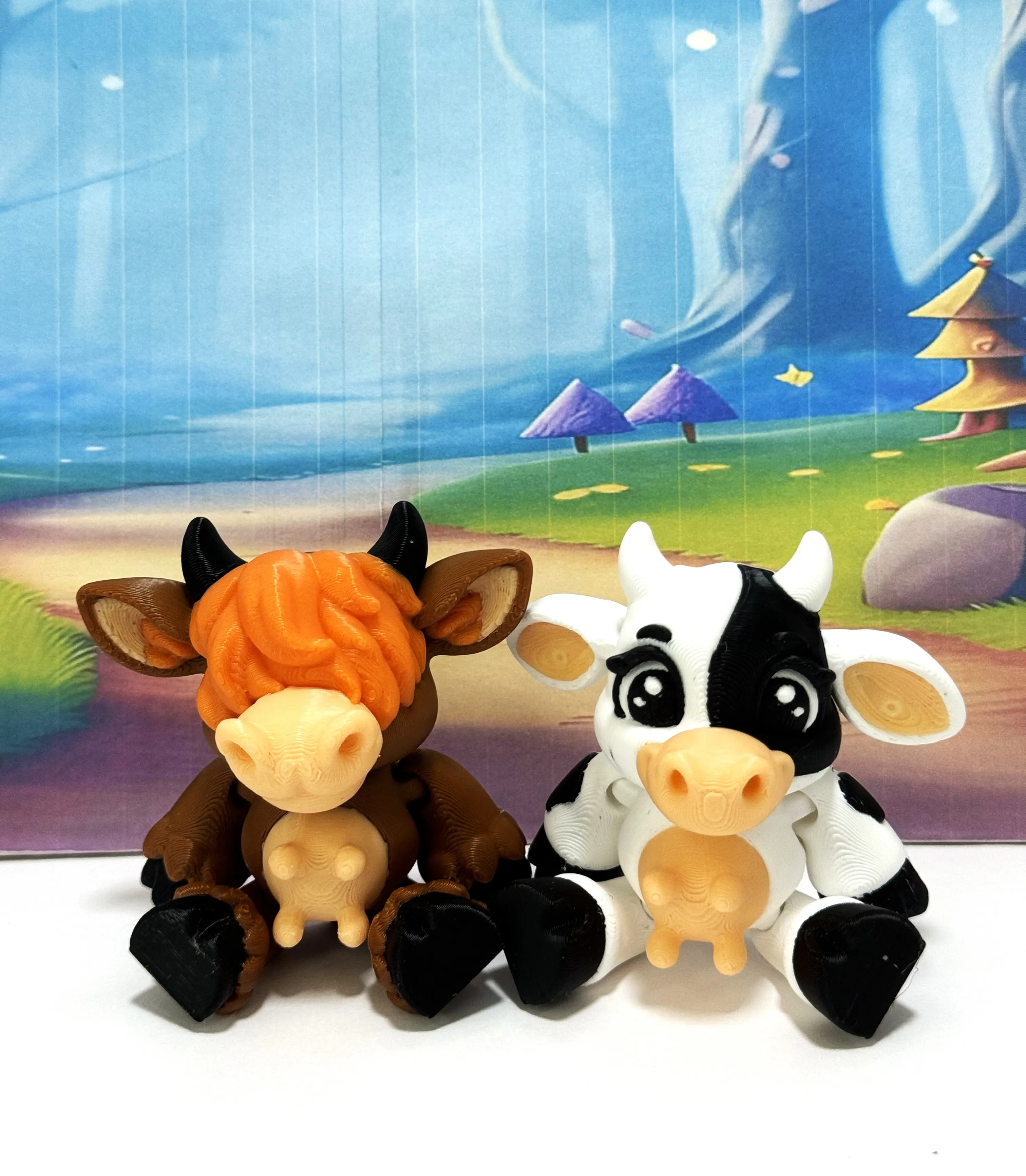 2pcs 3D Printed Highland Cow And Dairy Cow Figurines, 3 Inches Articulated Farm Animal Cows, Cute Farmhouse Decor