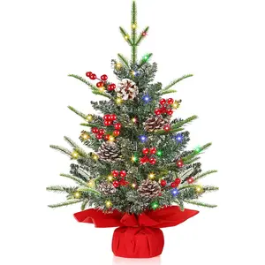 24 Inch Realistic Tabletop Christmas Tree Small Christmas Tree with 50 Warm White&Colored Lights Battery Red Berries Pine Cone Burlap Base Indoor Home Table Christmas Decorations