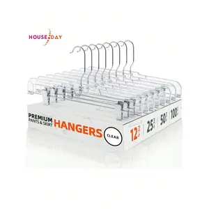 14 Inch 12/25-Pack Clear Plastic Skirt Hangers With Adjustable Clips, Pants Hangers 360-Rotating Swivel Hook, Clip Hangers For Pants