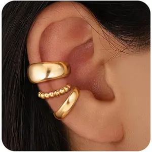 3 Pairs 14K Gold Plated Ear Cuffs Non Piercing Lightweight Stackable Chunky Earring Cuff for Women Adjustable Non-Fading Fake Earrings Suitable for Christmas Gift
