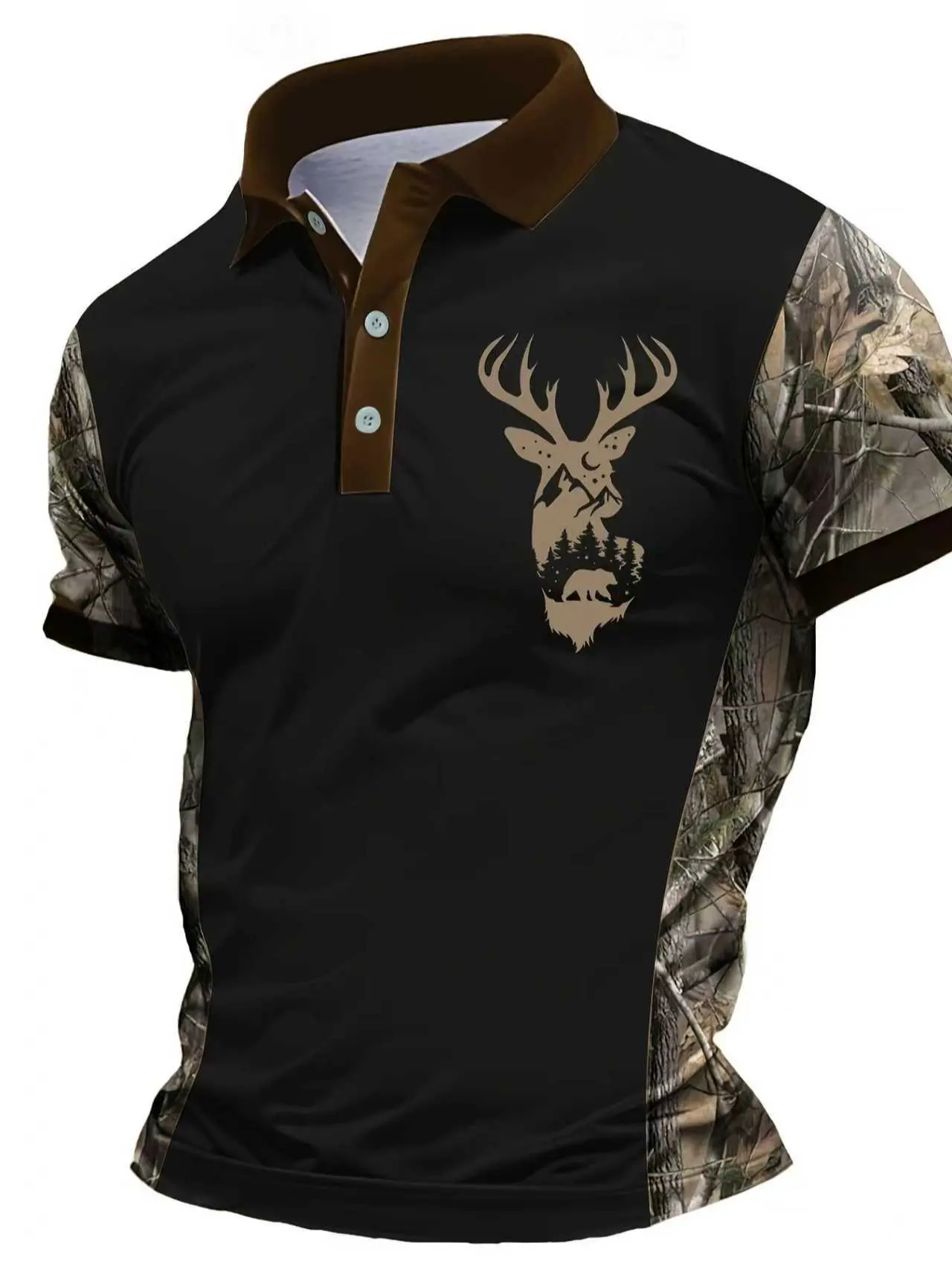Men's Golf Polo with Camouflage Deer Print, Quick-Drying Short Sleeve Athletic Top for Hiking and Hunting, Athletic Sports Clothing, Casual Sportswear