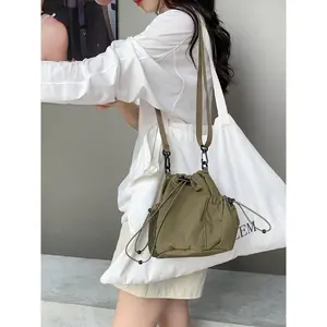 New Bucket Bag Drawstring Pleated Nylon Casual Versatile Summer Shoulder Bag for Women Niche Korean Version Crossbody Small Bag