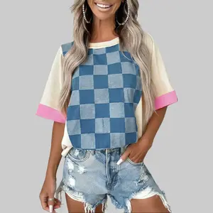Dear-Lover Women's Round Neck Shortsleeve Loose-Fit Blouse Top, Bold Checkered Plaid Patchwork, 75% Polyester 25% Cotton, Lightweight Comfortable Summer Casual Piece for Jeans