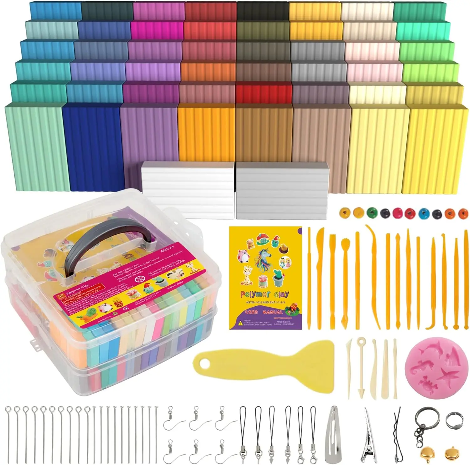New Deal -  Polymer Clay 50 Colors, Modeling Clay for Kids DIY Starter Kits, Oven Baked Model Clay, Non-Sticky Molding Clay with Sculpting Tools, Gift for Children and Artists (50 Colors A)