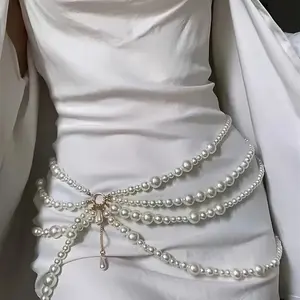Elegant adjustable pearl waist chain women's waist belt - Multi-strand artificial pearl accessories, perfect for wedding and evening gowns, with larger sizes, pearl jewelry belts