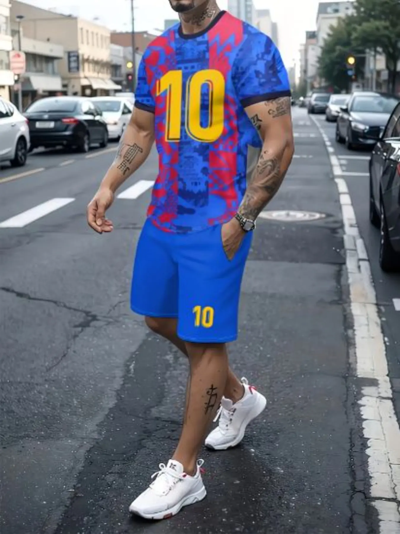 Men's Creative Pattern Print T-Shirt and Shorts Set, Perfect for Sports Football Matches Parties Training, Includes Two-Piece
