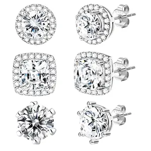 S925 Sterling Silver CZ Stud Earrings 3-Pair Set (1 Carat Each, ~6.5mm) – Classic 6-Prong, Round Bezel & Square Bezel, Hypoallergenic, for Women Men