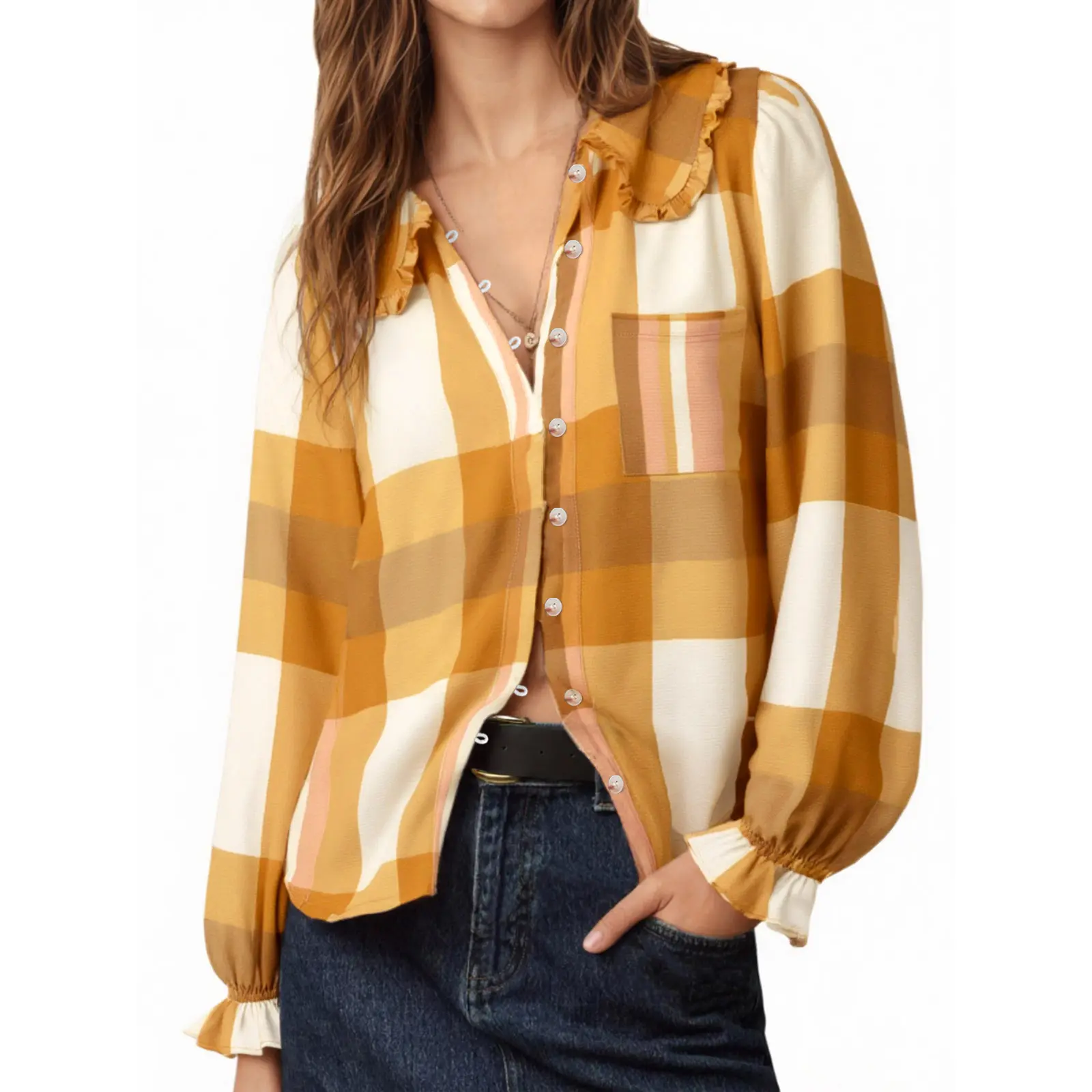 TANKANEO Women's Plaid Peter Pan Collar Blouse, Long Puff Sleeve Button Down Casual Chiffon Top for Fall Work, Collared