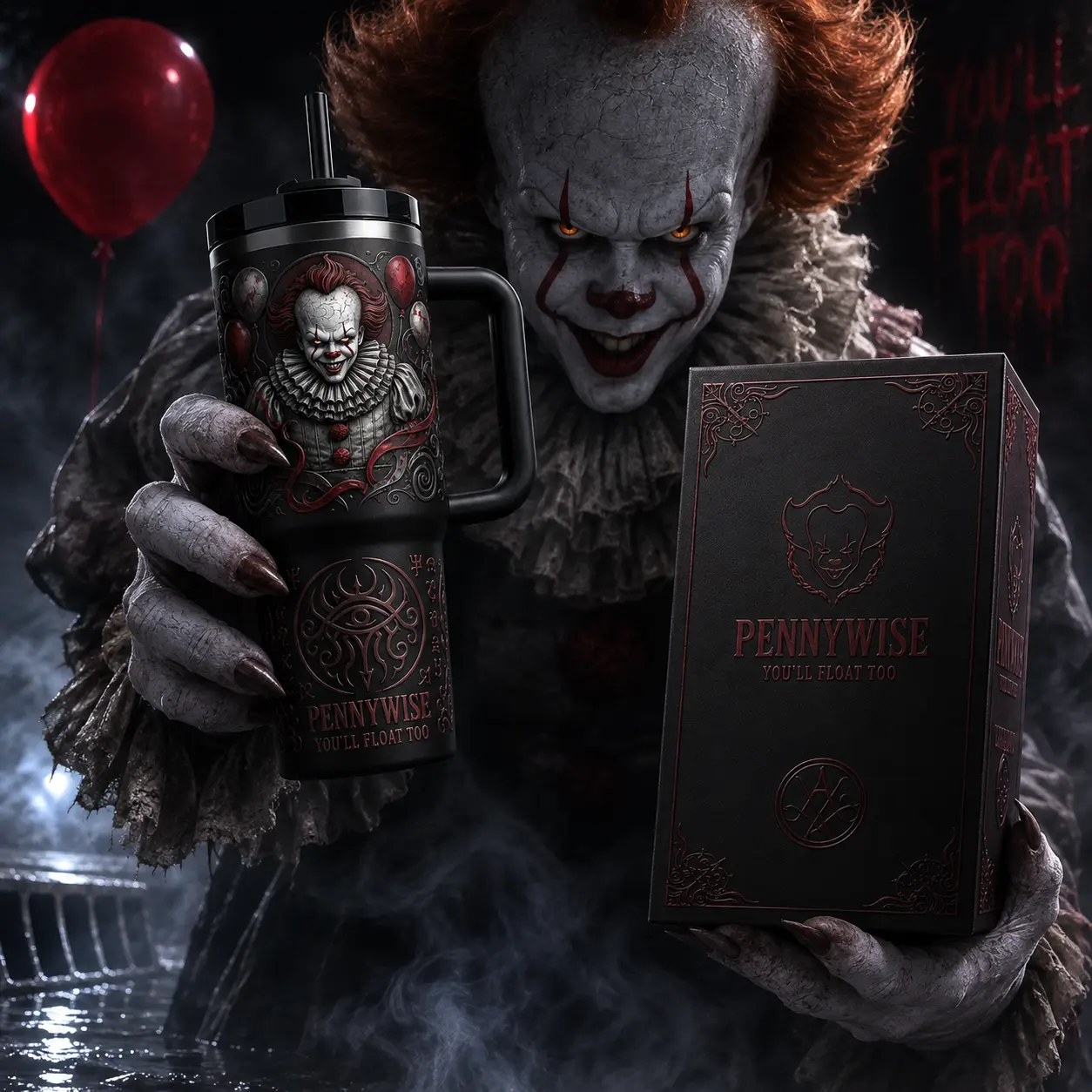 Pennywise IT Horror Movie 40oz Tumbler With Handle, Horror Movie Vacuum Insulated Stainless Steel Travel Mug Collector Gift, Halloween Theme Tumbler