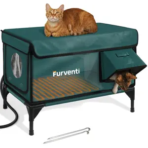 Winter-Ready Heated Cat House ， Tough Enough for Outdoors! 100% Waterproof, One-Way Escape Door, Fully Insulated with Heater. Perfect for Feral Cats & Kittens (Yards, Barns, Garages)