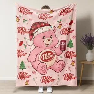 Pink Bear Dr Pepper Flannel Blanket, Cute Christmas Theme Blankets ,Soft and Comfortable  Suitable for Sofas, Beds, Camping and Travel - Modern Style.