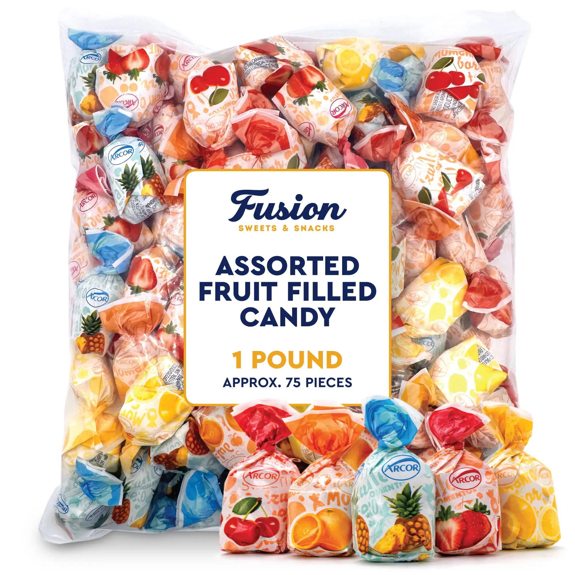 Arcor Bon Bon Fruitfuls Assorted Fruit-Filled Hard Candy - 1 lb (65 Pieces) Bulk Bag, Individually Wrapped Crunchy Outer Shell, Party Snacks with Glucose Syrup, High-Quality Fresh Treats for Sharing
