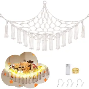 Stuffed Animal Hammock with LED Light Large Plushie Net for Kids Room Decor White Storage Corner for Stuffed Animals 40x40x59 inches Hand-Woven Cotton Rope Macrame Hammock with Tassels and LED Light String
