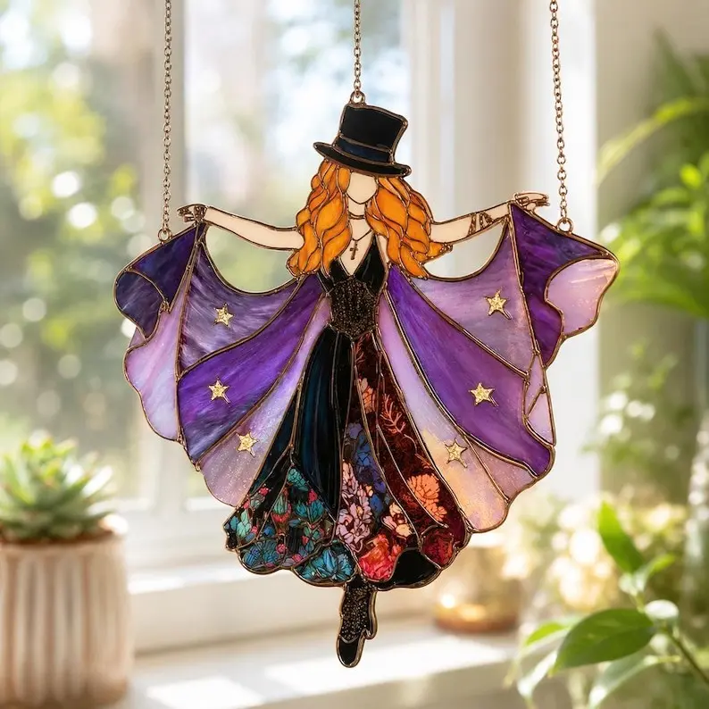 Dancing Witch Acrylic Ornament, Purple Cape Window Hanging, Mystical Woman Decor, Witchy Halloween Gift, 2D Ornament