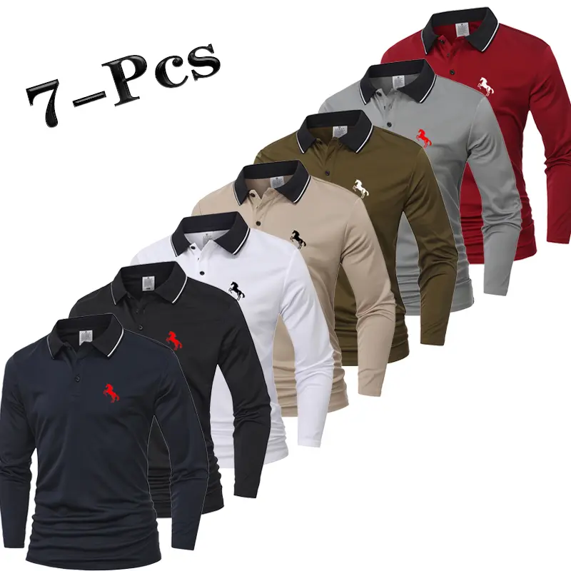 Polo Shirt for Men, 1, 5 or 7 Pack Options, Long Sleeve Performance Tops with Contrast Piping, Three-Button Placket and Equestrian Chest Embroidery, Breathable Quick-Dry Shirts for Golf, Tennis, Business, Work, Travel, Autumn Streetwear and Daily Wear