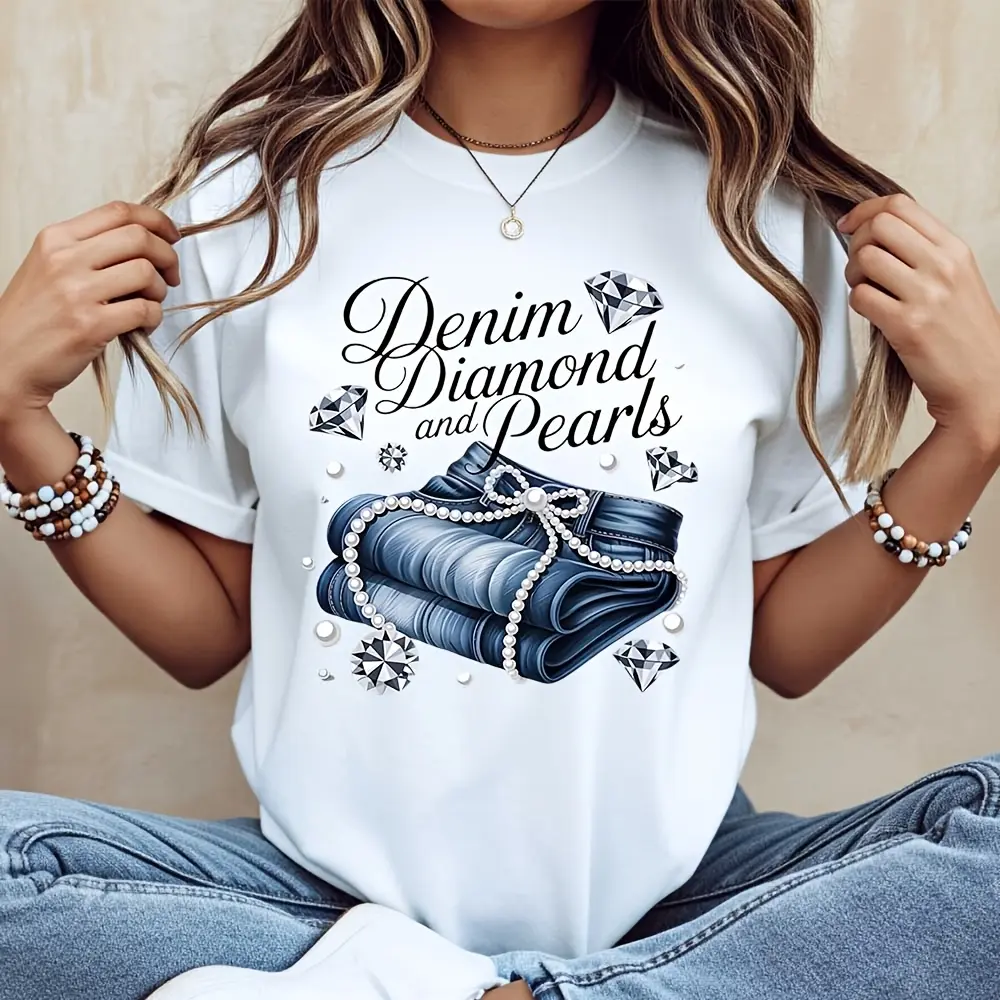 Denim Diamond And Pearls Graphic Print, T-Shirt, Fashion Streetwear Casual Style, Daily Wear Outdoor Activity