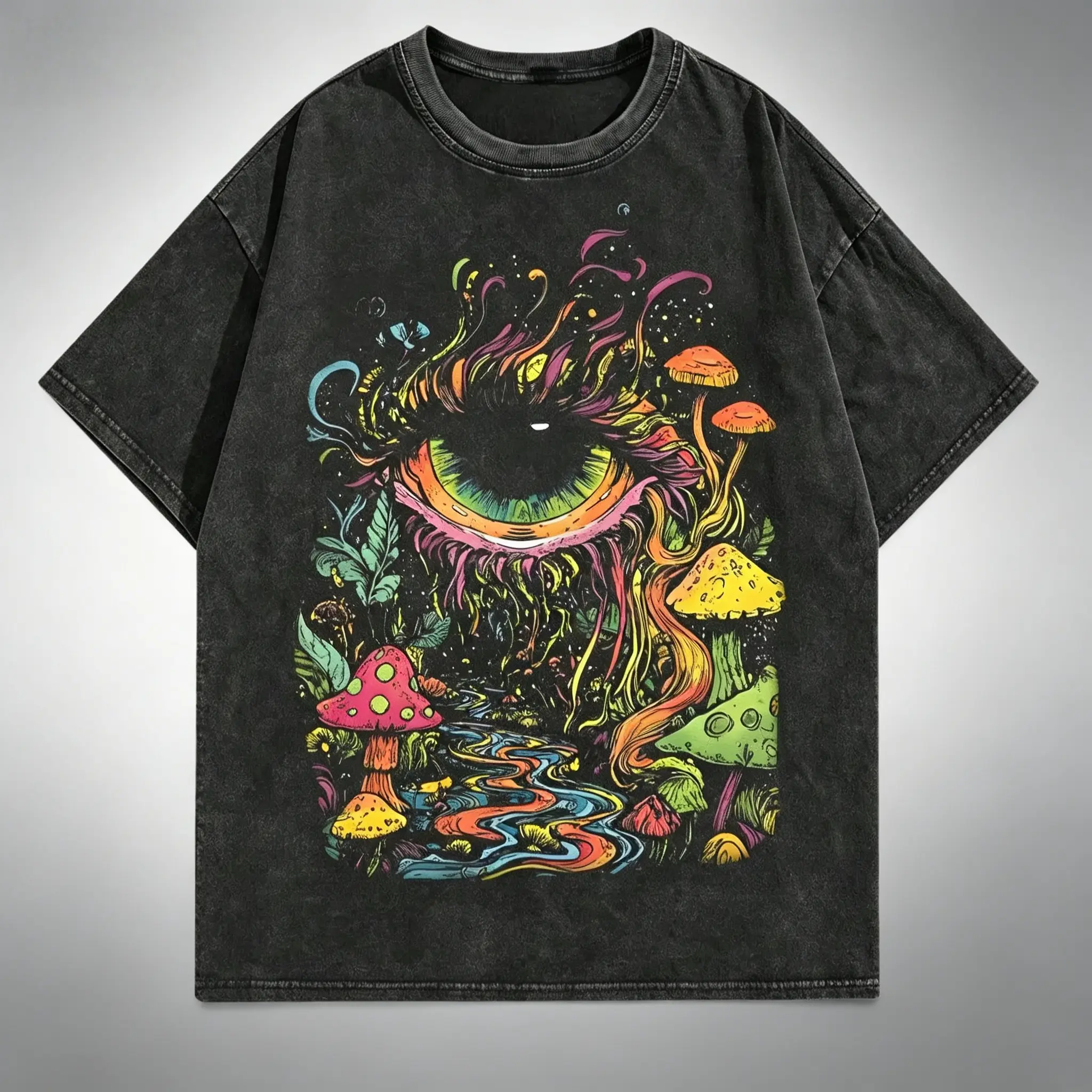 Men's Bl Cotton Graphic Tee - Menswear Vintage Short-Sleeve Round Neck, Soft Breathable Stretch Gothic Casual Streetwear Top, Dark Background Vibrant Green Eyes & Mushroom Forest Print, Festive Halloween T Shirts, Bl Cotton Tee, Graphic Tees