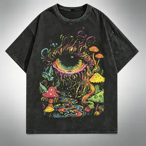 Men's Short-Sleeve Cotton Graphic Tee, Casual Menswear T-Shirt with Round Neck, Dark Background Vibrant Green Eyes & Mushroom Forest Print, Soft Breathable Knit Fabric, Stretch Fit, Festive for Halloween