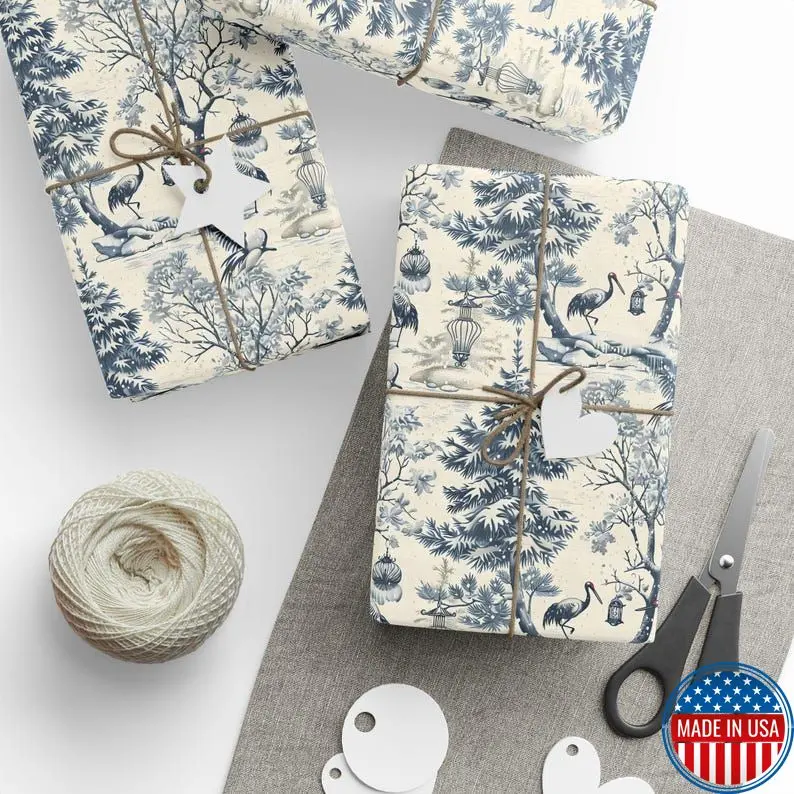 Blue Chinoiserie Toile Christmas Wrapping Paper Rolls, Winter Crane & Pine Gift Wrap, Blue and White Holiday Gift Wrap
