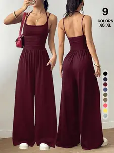 Women's Summer Sleeveless Jumpsuit, Pleated Wide Leg Pants, Backless Lace-Up Design, Comfortable Breathable Home Leisure Wear