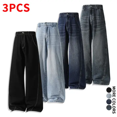 Men's 3-Piece Streetwear Vintage Casual Washed Denim Baggy Jean Pants Bottoms - Mid Waist, Loose Wide-Leg, Color-Blocked Contrast-Trim, Multi-Pocket, Durable Recycled Polyester All-Seasons Menswear Trouser for Students