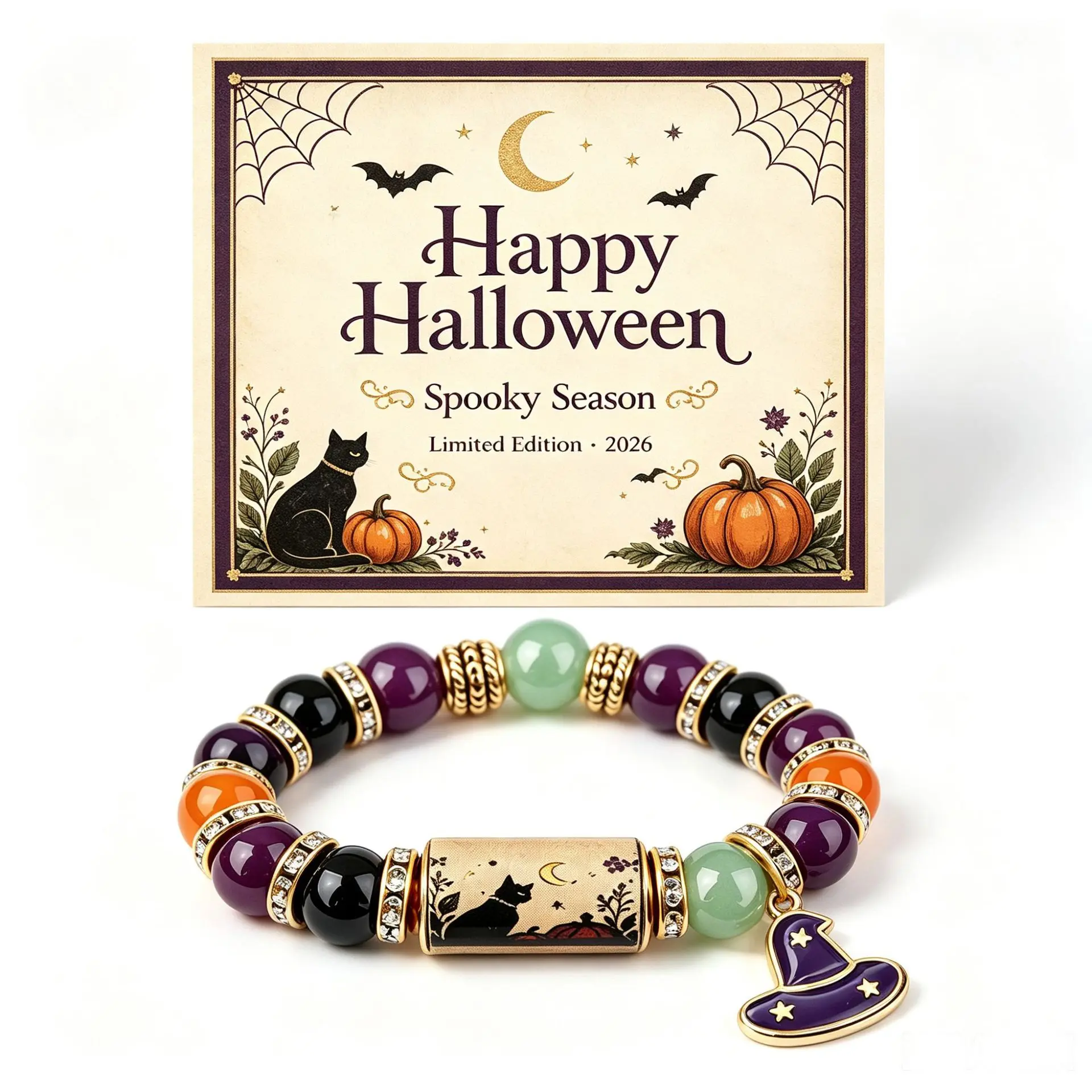September Laurel 2026 Halloween Lucky Charm Bracelet for Women, Black Cat Witch Hat Beaded Stretch Bracelet, Spooky Pumpkin Moon Good Luck Jewelry Gift