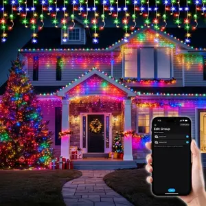 Smart RGB Icicle Lights Outdoor 20Ft 240LEDs 48 Drops, APP & Remote Control Music Sync Christmas Roof Icicle Lights, Clear Wire, Millions of Functions, Timer, Brightness Adjustable, Color Changing Lights, Home Decor for Yard, Patio, Fence, Roof, Party, su