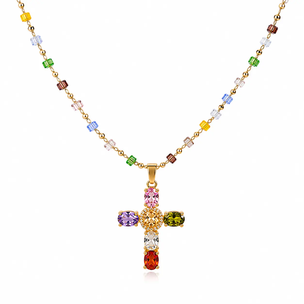 Cross Pendant Necklace for Women- Colorful Crystal Chain Fashion Christian Jewelry Gift Daily