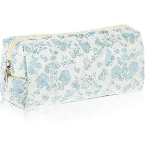 Cute Pencil Case, Aesthetic  Pencil Pouch, Portable Pen Bag Wide Opening, Soft Quilted Pencil Pouch Organizer with Zipper for Office College Storage Makeup Pouch, Blue