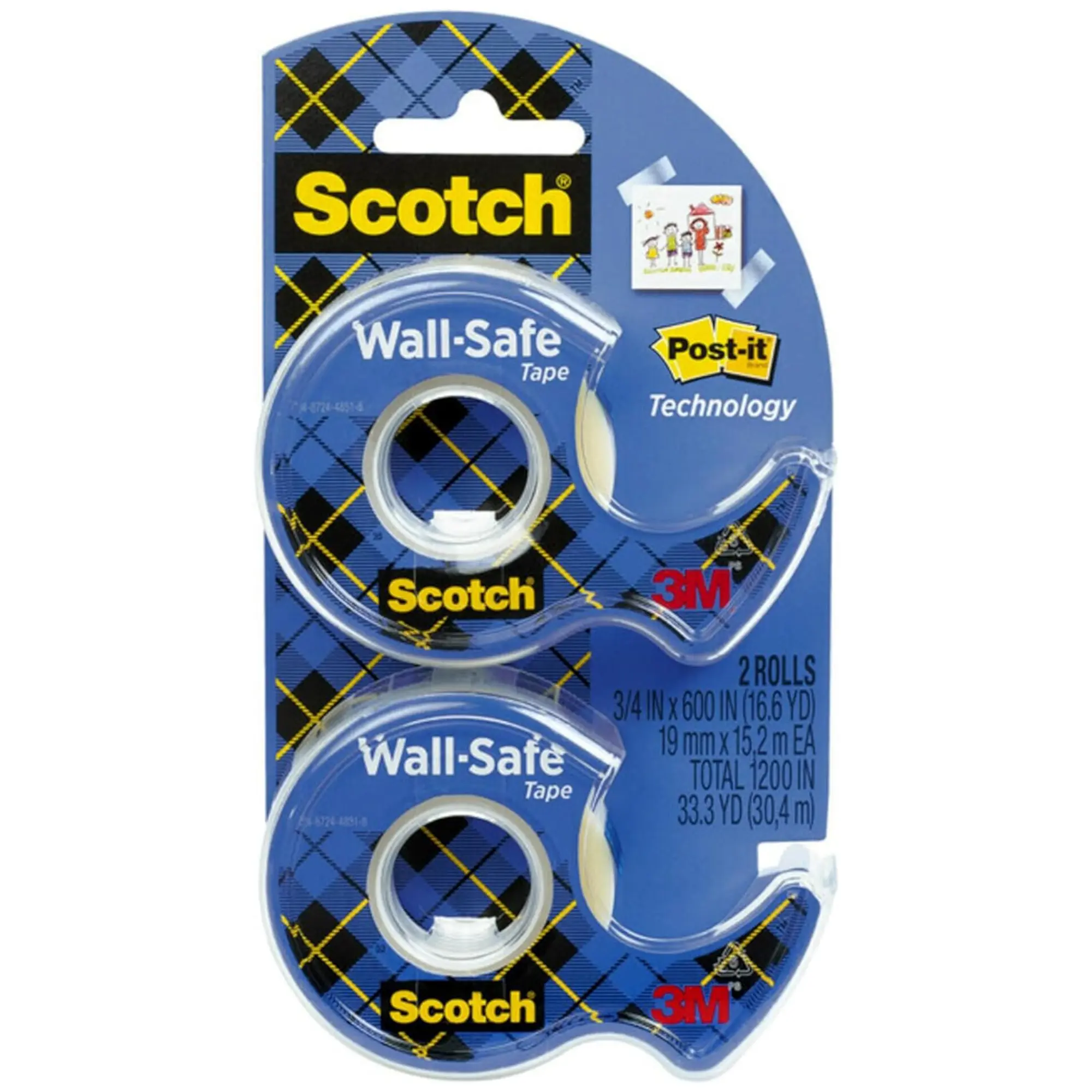 Scotch Wall-Safe Tape, 2 Dispensered Rolls - Sticks Securely, Removes Cleanly - Invisible, Designed for Displaying, Photo Safe, 3/4 in x 600 in