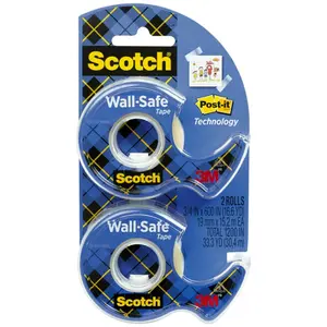 Scotch Wall-Safe Tape, 2 Dispensered Rolls - Sticks Securely, Removes Cleanly - Invisible, Designed for Displaying, Photo Safe, 3/4 in x 600 in