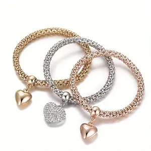 3pcs Set of Golden, Silvery, and Rose Golden Artificial Jade Rice Chain Bracelets, Tree of Life Heart-shaped Elastic Combination Bracelet, Women's Banquet Jewelry Gift