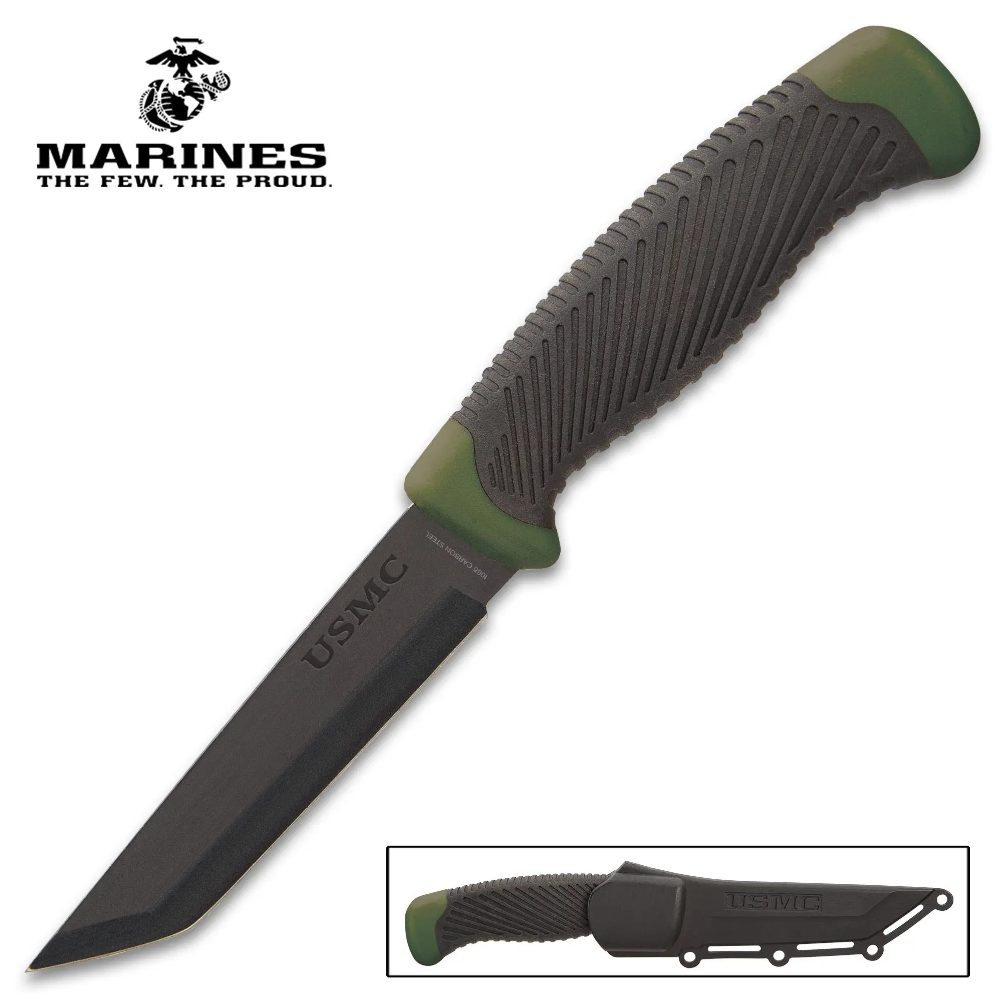 USMC Tactical Knife, 4" Carbon Steel Tanto Blade with Non-Reflective Finish, Compact Outdoor Design, Textured TPU Handle & Belt Carry ABS Sheath, Tactical Equipment, Usmc Licensed, 8.5" Overall Length Fits Daily Carry