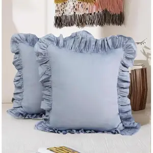Blue Ruffle Throw Pillow Covers 18x18 Set of 2, Cotton Decorative Pillow Covers for Sofa Couch Bed, Shabby Chic Farmhouse Cushion Covers, Coquette Style Home Decor