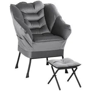 HOMCOM Modern Lazy Chair with Ottoman, Fabric Lounge Accent Chair, Leisure Sofa Armchair with Armrests, Side Pockets, Upholstered Reading Chair and Footstool Set for Living Room, Bedroom, Gray
